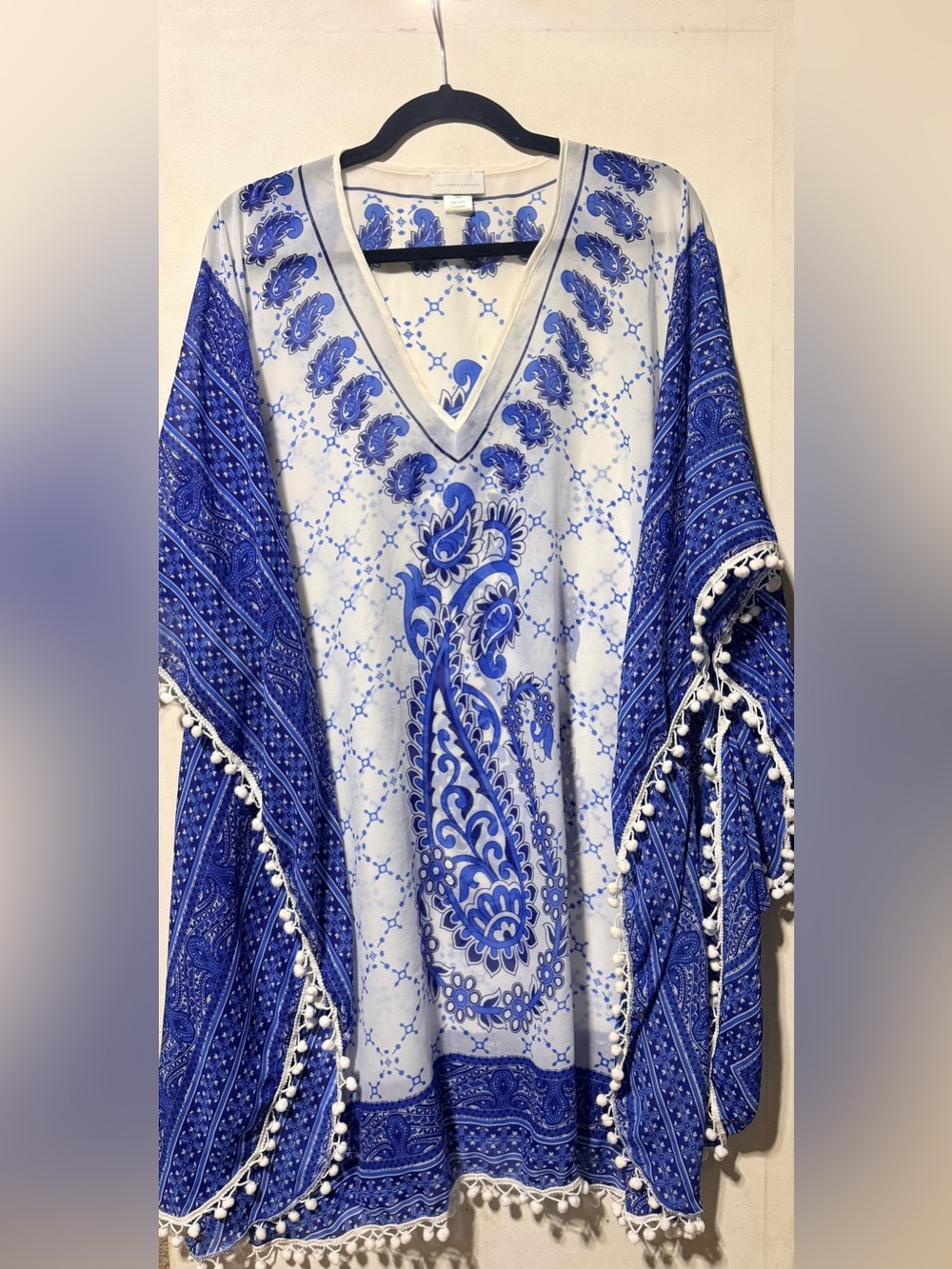 New York & Company White and Blue Paisley Kimono with Pom Trim